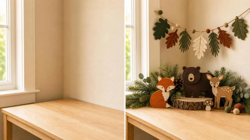 Before and after of a plain corner styled for a woodland first birthday