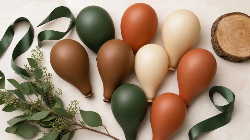 A woodland first birthday color palette in green, brown, rust, and cream