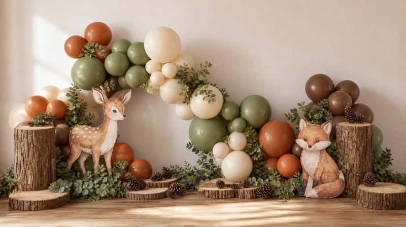 Woodland first birthday decorations with a green balloon garland and animal cutouts
