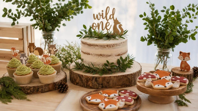 A woodland first birthday dessert table with a wild one cake and animal cookies