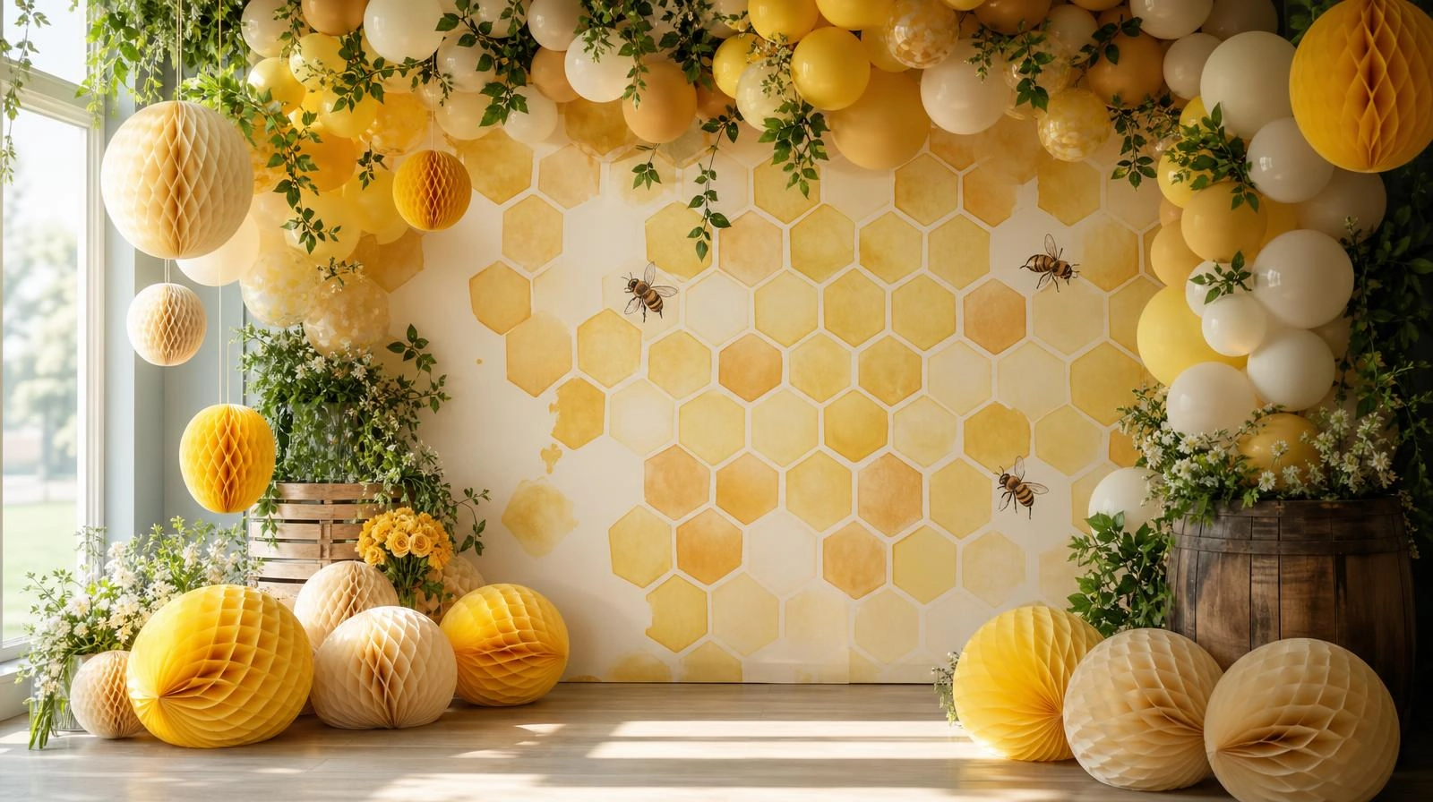 Honey bee baby shower honeycomb backdrop with balloons and greenery