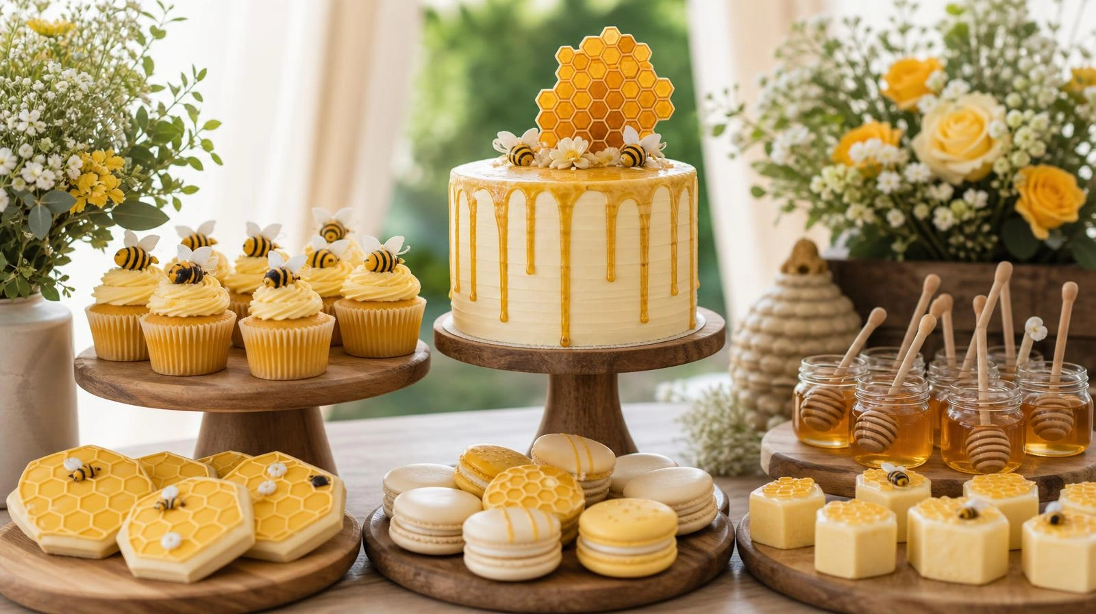 Honey bee baby shower dessert table with honey cake and treats