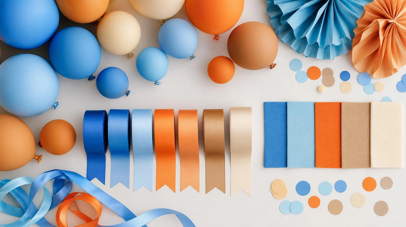 Bluey party color palette flat-lay in blue, orange and tan