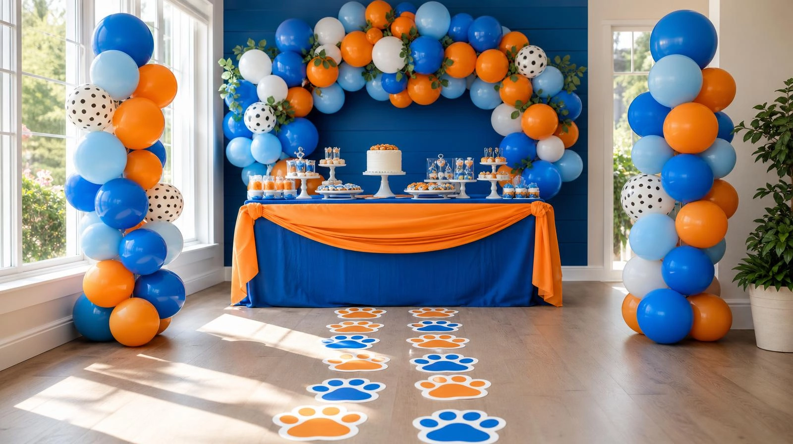 Bluey party decorations with blue and orange balloon backdrop