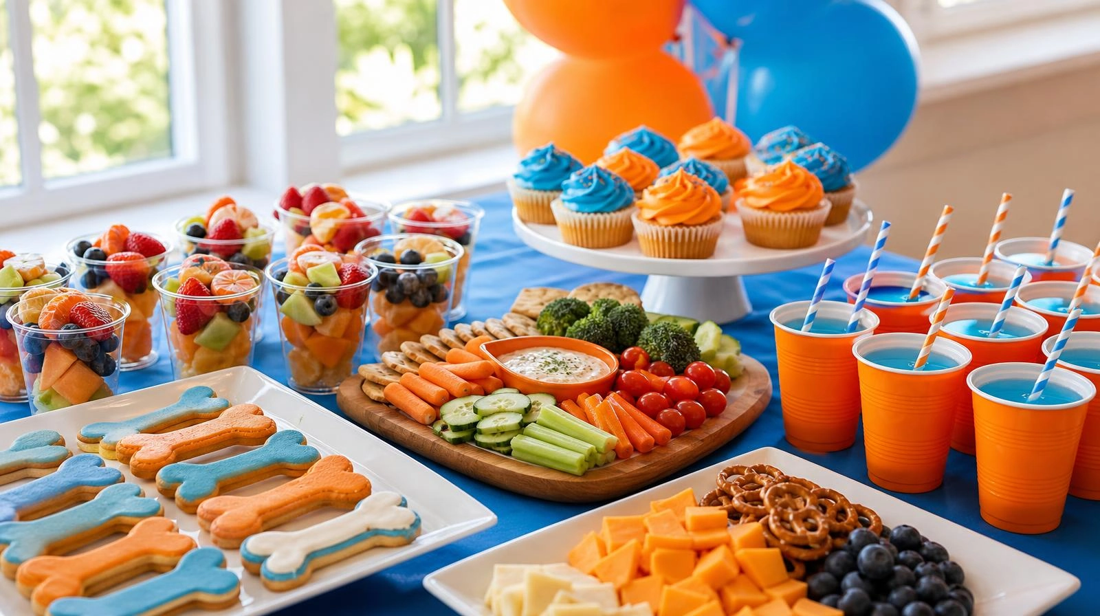 Bluey party food table with blue and orange snacks and treats