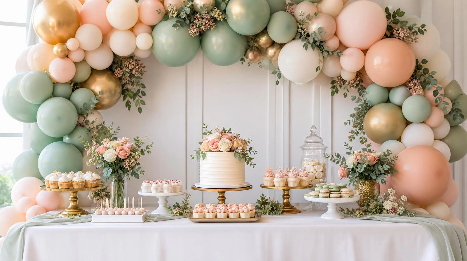A styled dessert table with a balloon garland backdrop behind it