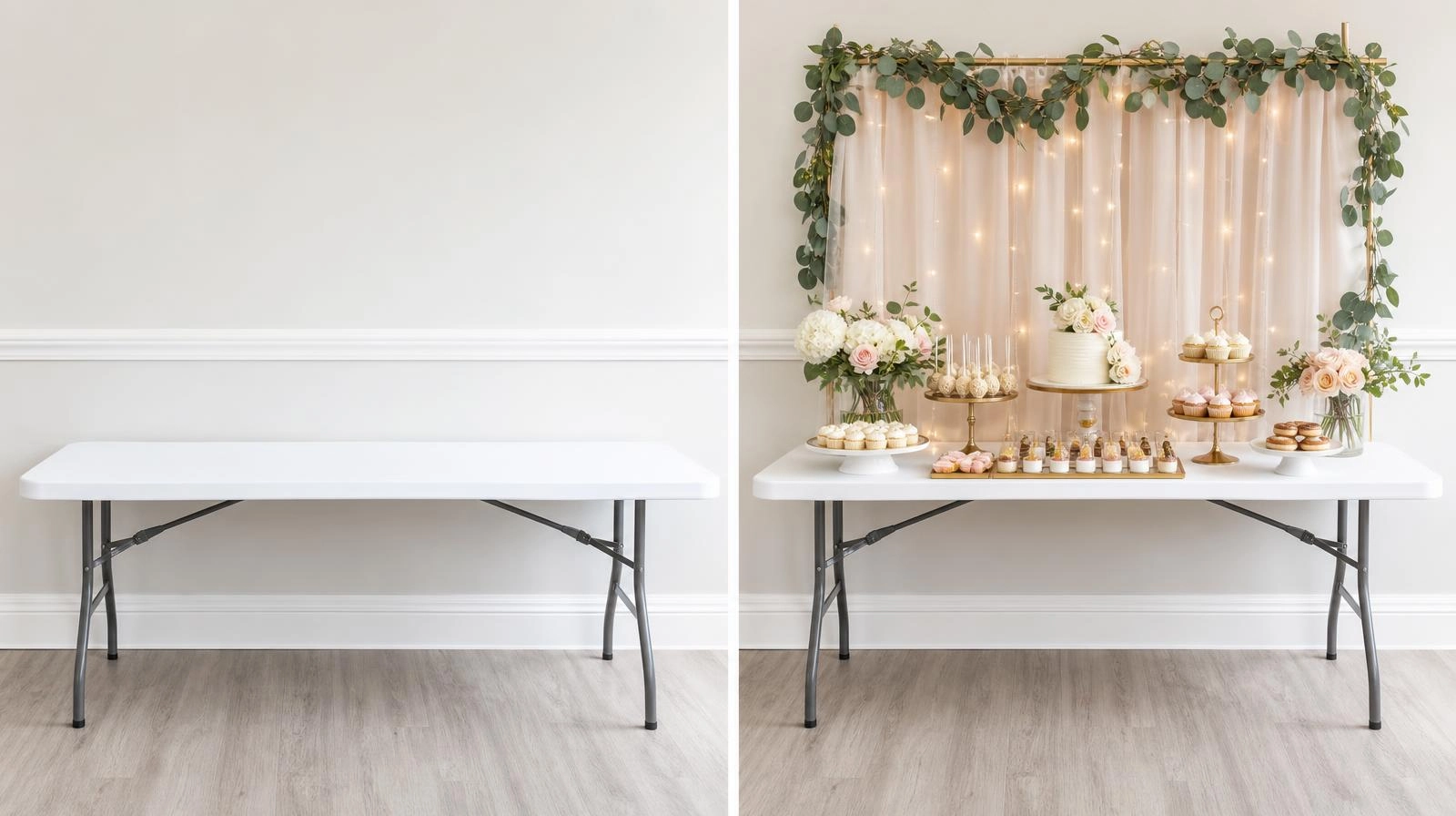 Before and after of a plain table turned into a styled dessert table