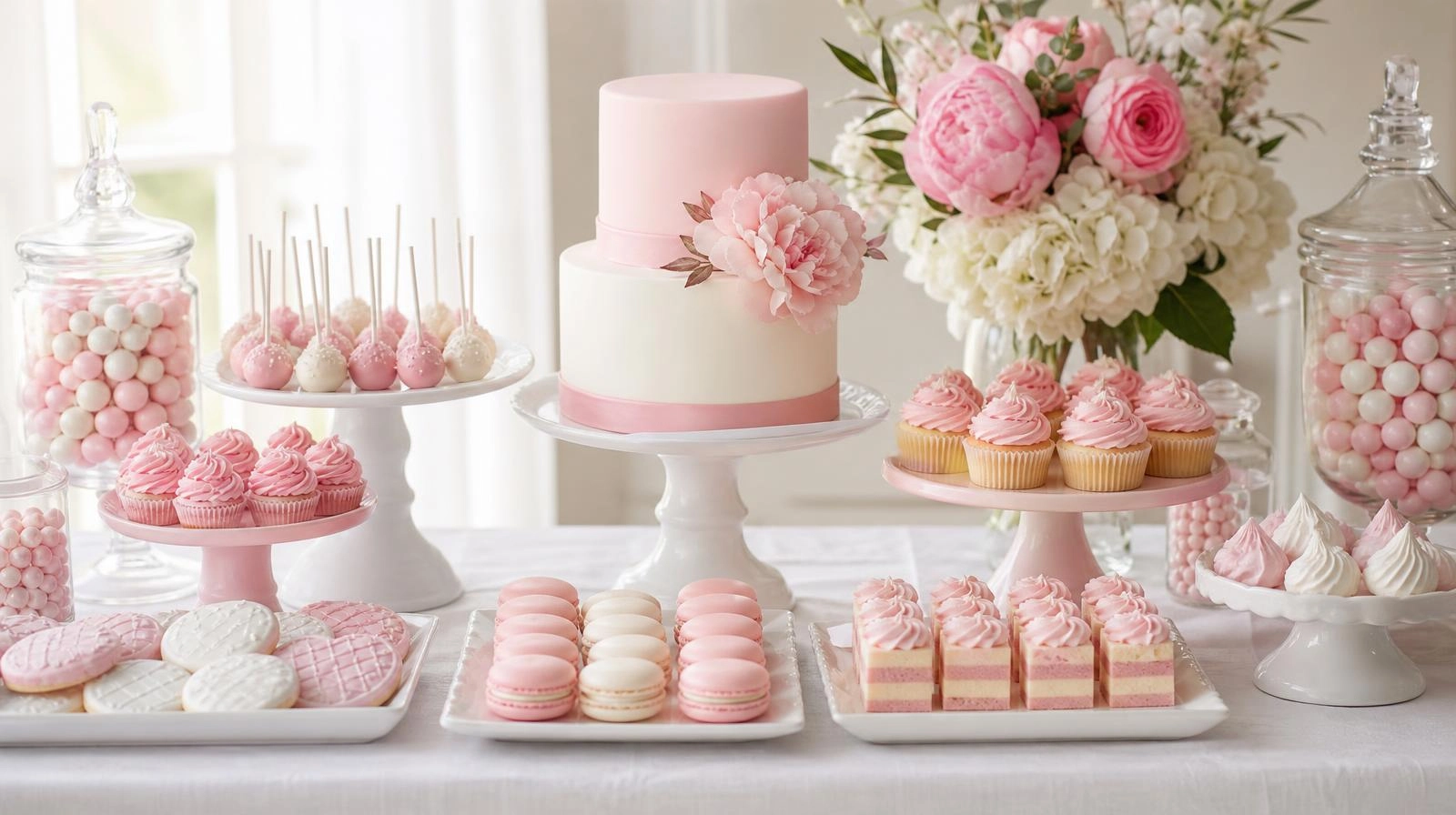 A styled dessert table with a matching two-color palette across treats and tableware
