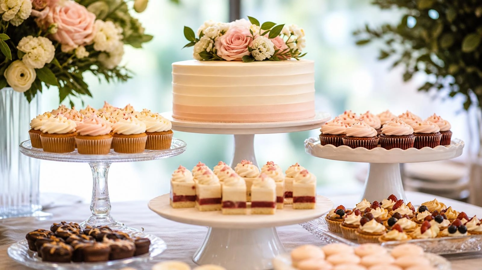 A dessert table setup showing cake stands and risers at different heights