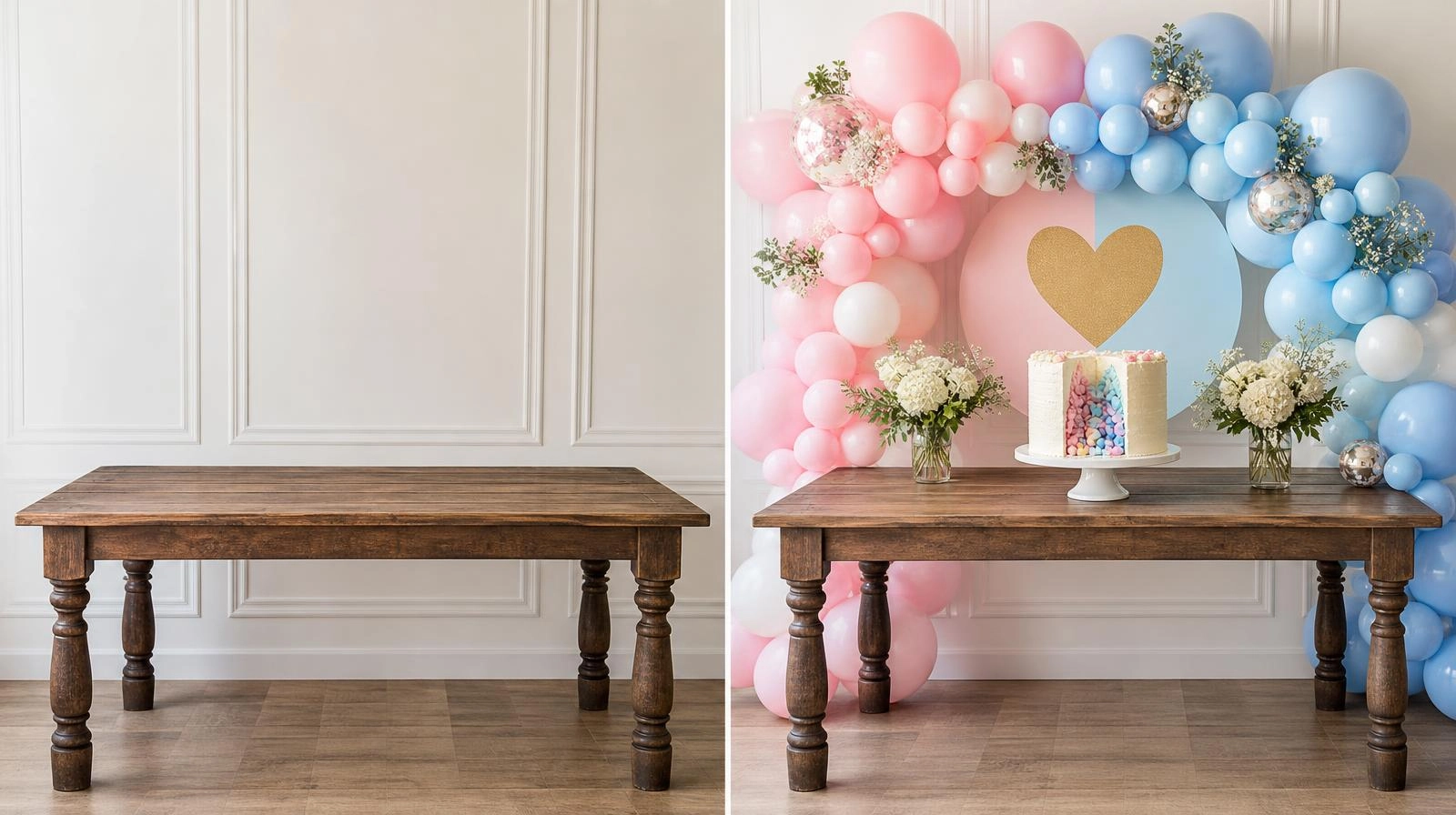 Before and after of a plain table styled into a gender reveal party table