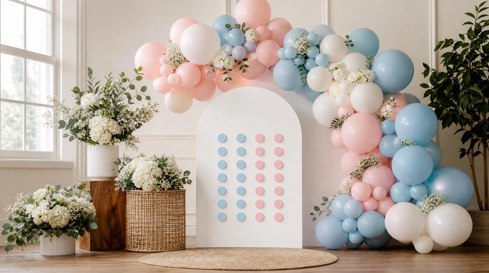 Gender reveal party decorations in neutral pink and blue with a balloon garland