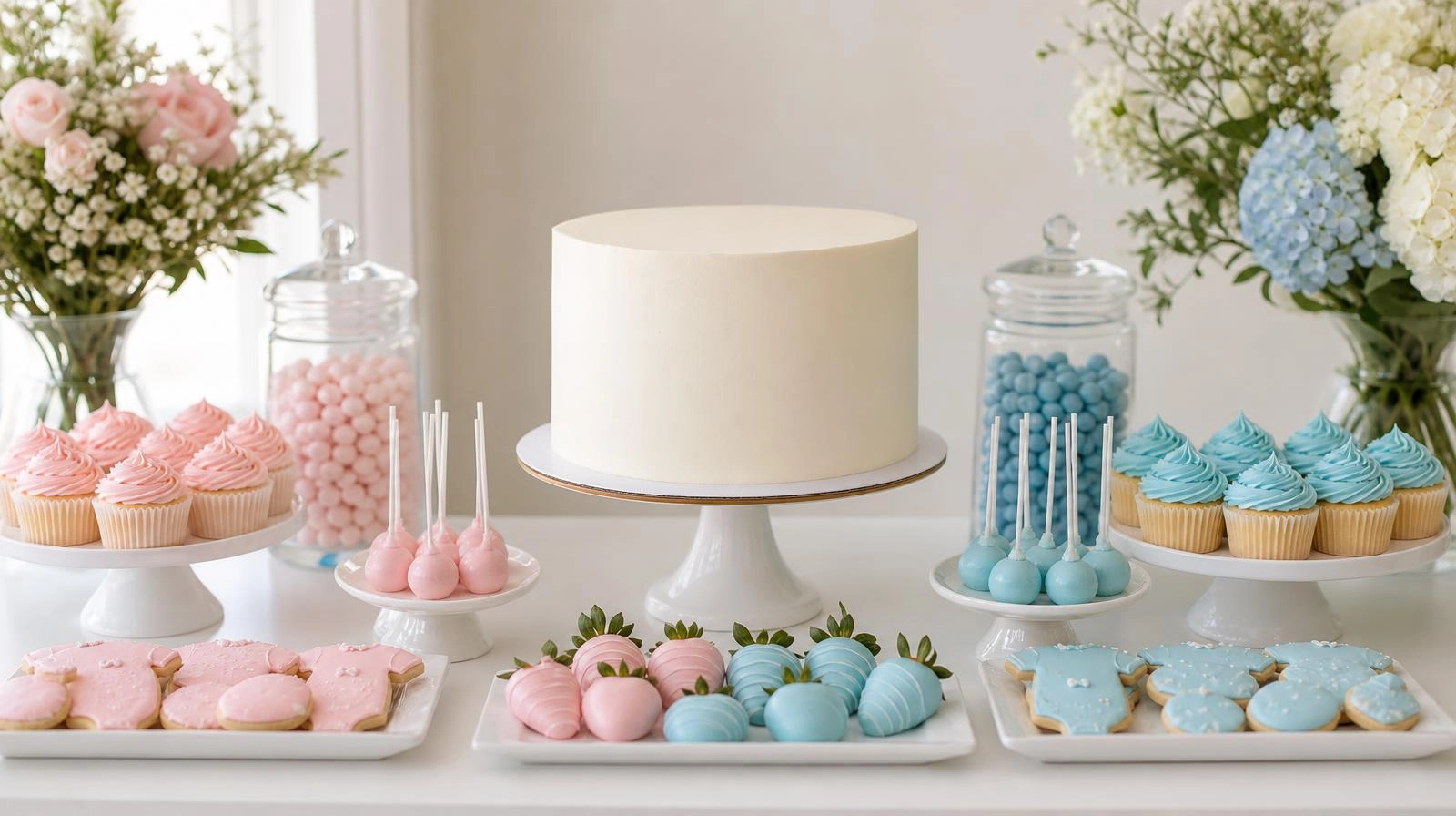 Gender reveal dessert table with a neutral cake and pink and blue treats