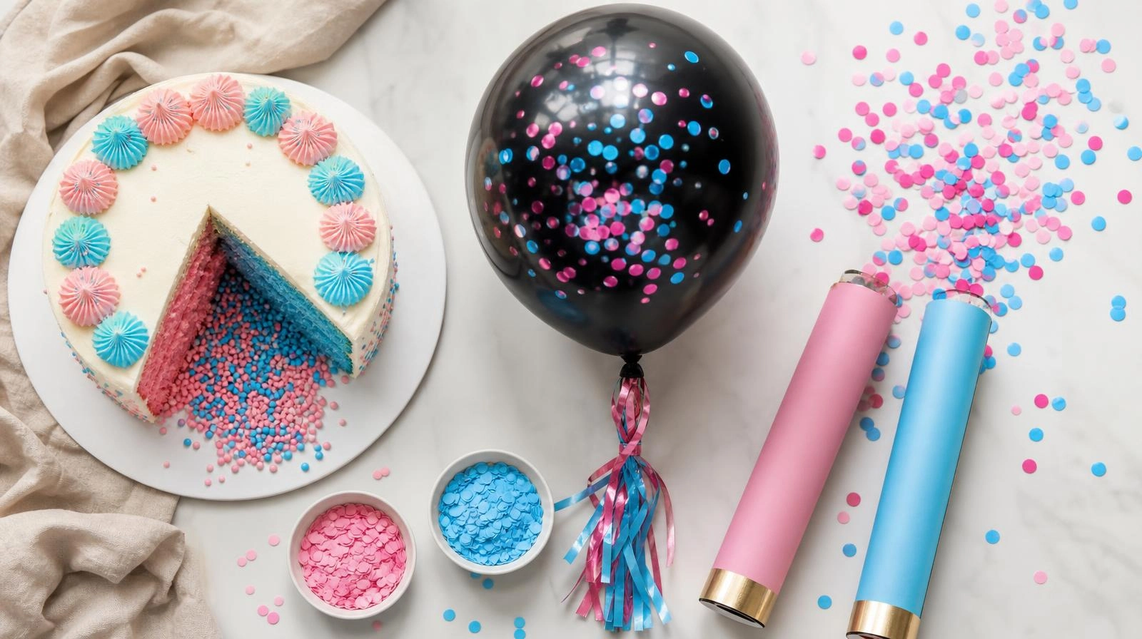 Gender reveal ideas showing a cake cut, a confetti balloon, and confetti cannons