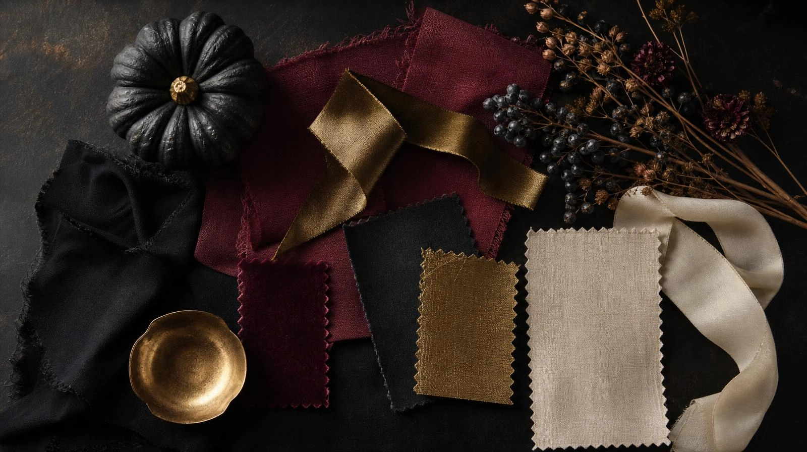 A flat-lay Halloween tablescape color palette with fabric swatches in black, deep burgundy, brass gold, and cream.