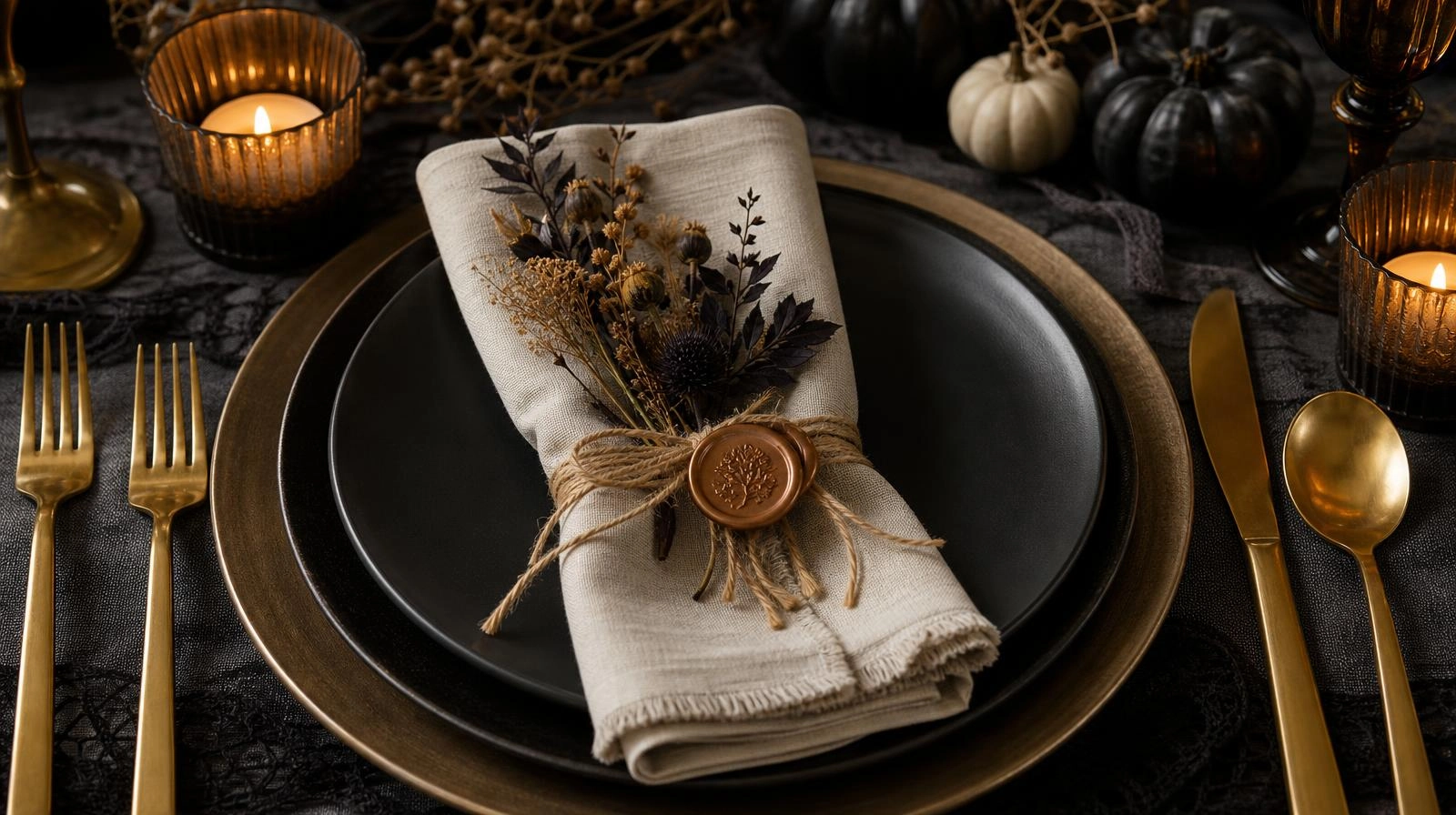 An elegant Halloween place setting with a matte black plate, cream linen napkin, a wax-sealed place card, and brass flatware.