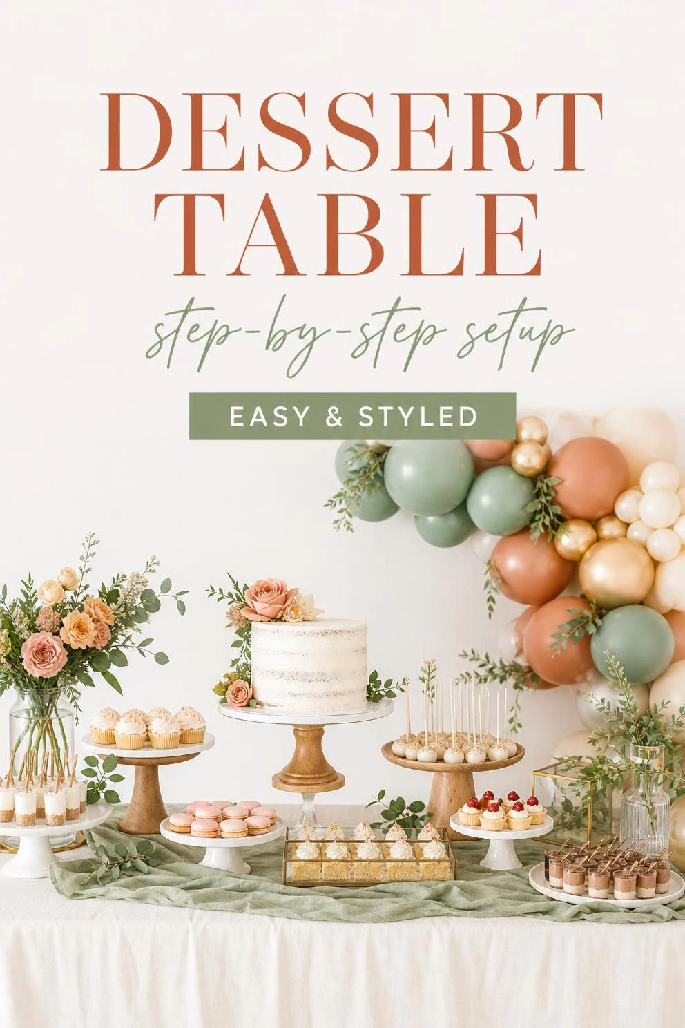 A Pinterest graphic with the text "How to Set Up a Dessert Table" over a styled dessert table with a balloon backdrop