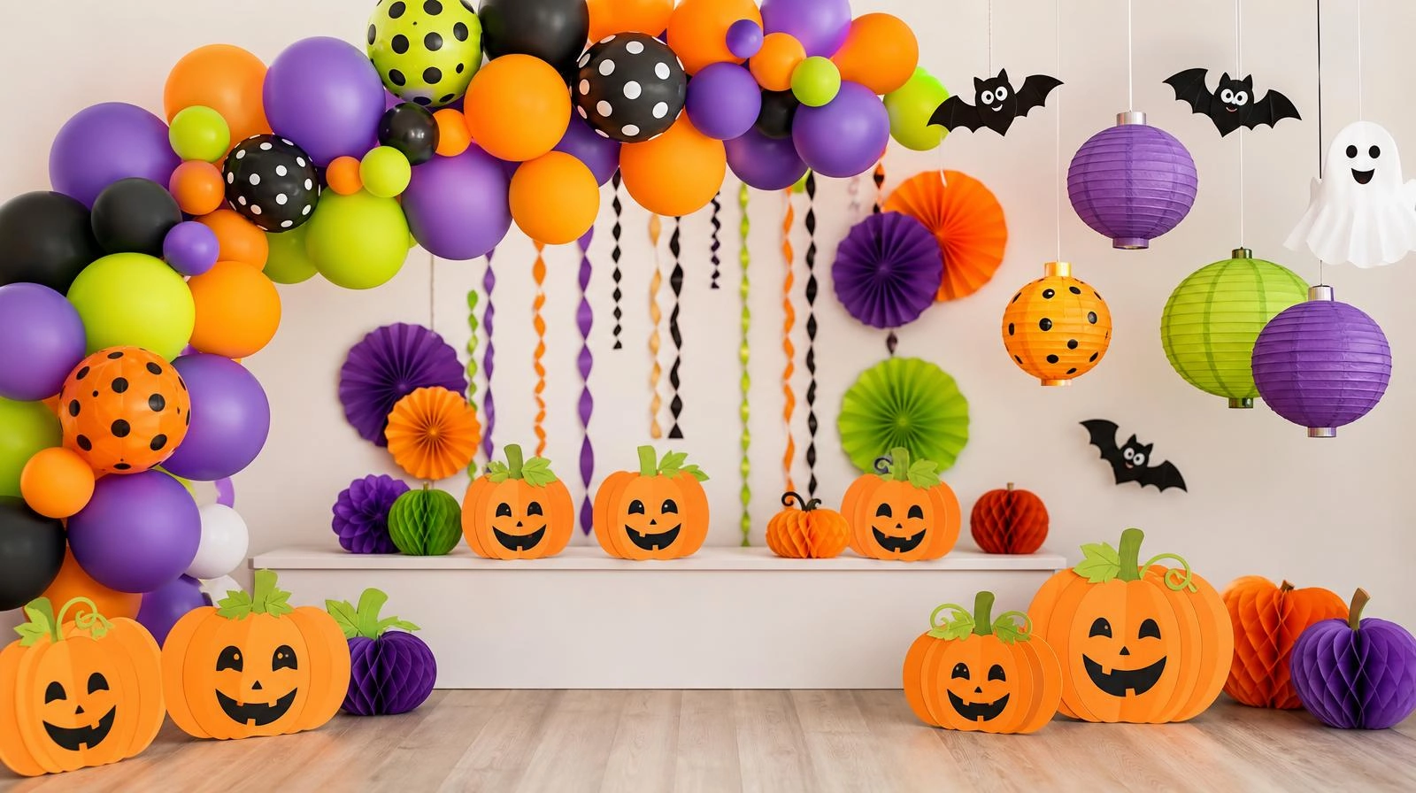 Kids Halloween party decorations with friendly pumpkins and balloons
