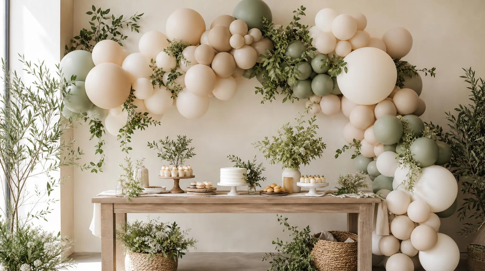 A balloon garland party backdrop with greenery on a cream wall behind a small dessert table.