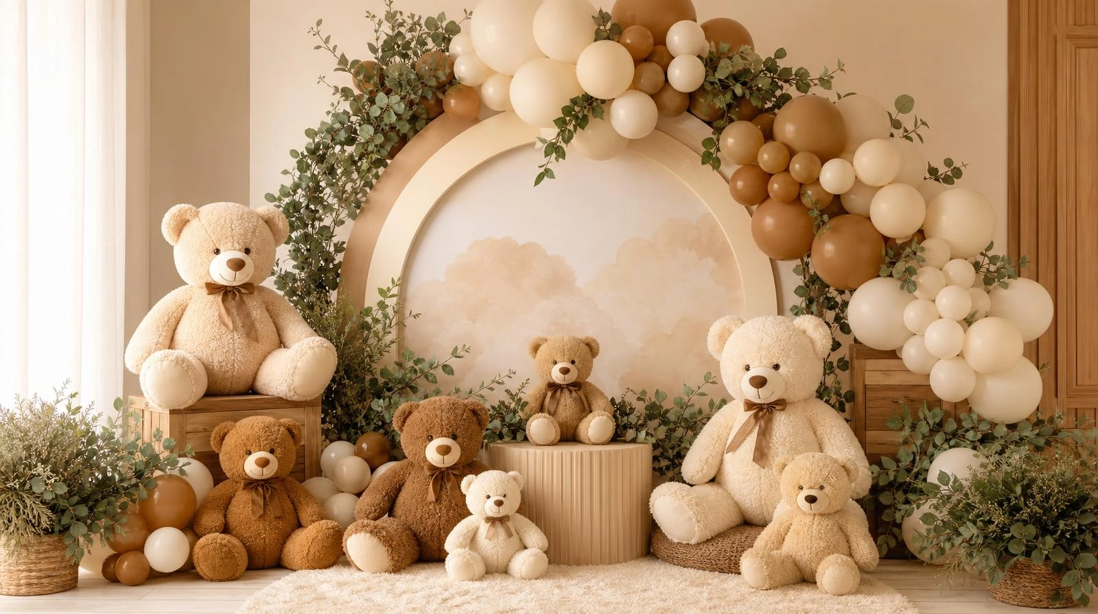 A teddy bear baby shower backdrop with plush bears clustered at different heights, a neutral balloon garland, and greenery.