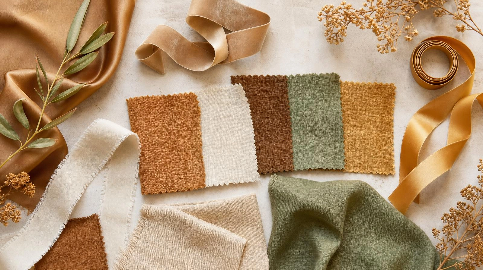 A flat-lay teddy bear baby shower color palette with ribbon and fabric swatches in caramel, cream, warm brown, and sage.