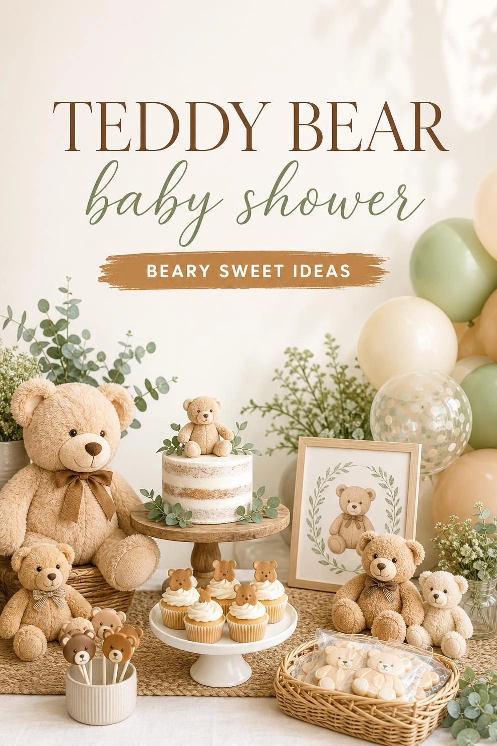 A Pinterest graphic with the text "Teddy Bear Baby Shower Ideas" over a cozy caramel-toned shower setup.