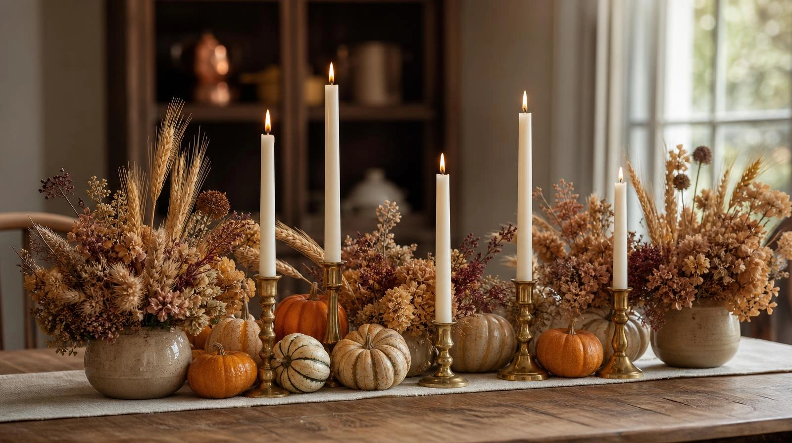 A warm Thanksgiving centerpiece with candles, small pumpkins, and dried florals