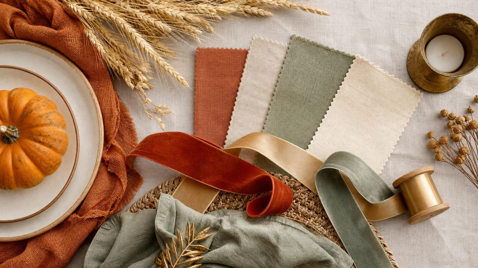 A flat-lay Thanksgiving tablescape color palette in rust, cream, sage, and gold