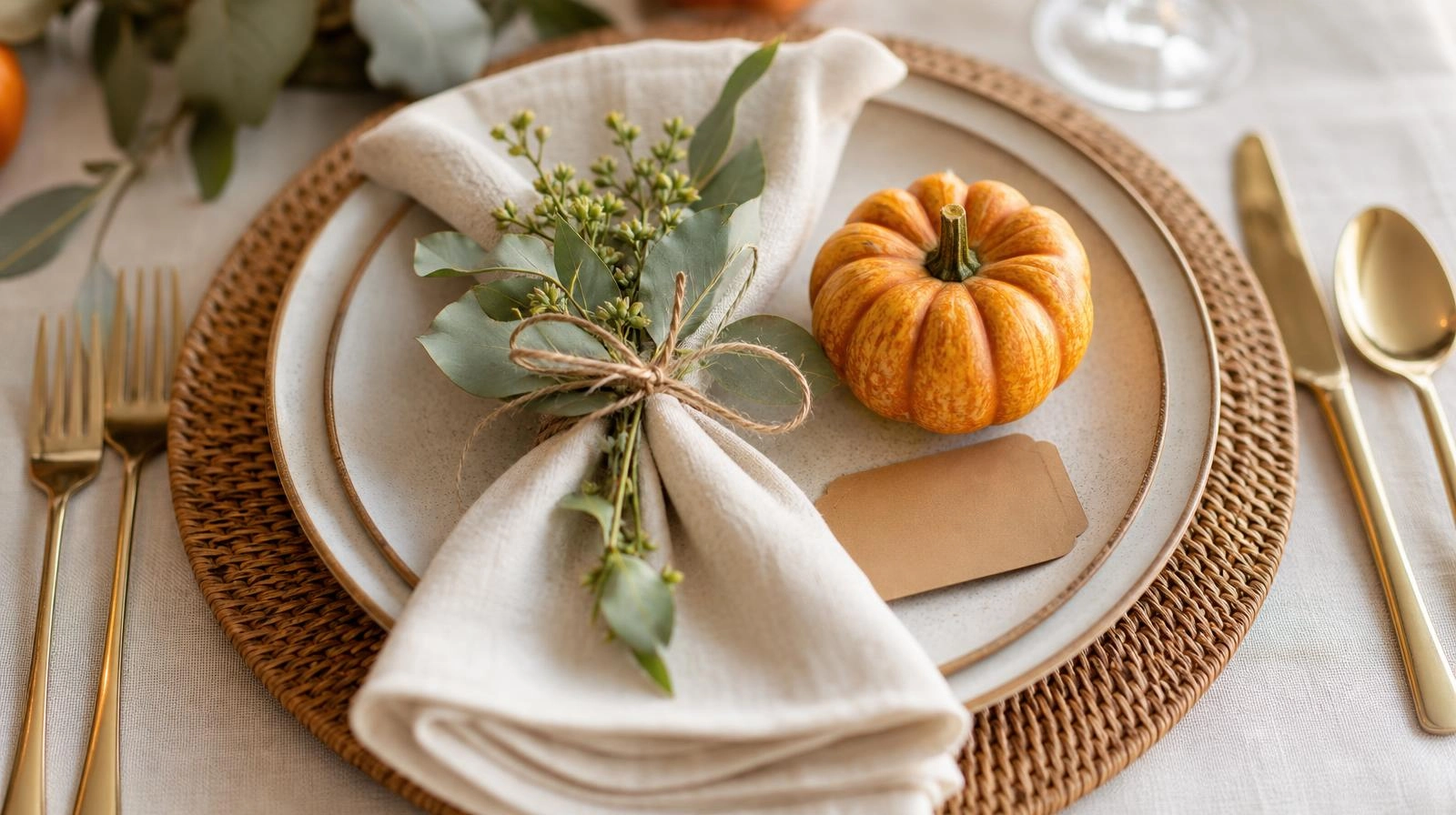 An elegant Thanksgiving place setting with a charger, cloth napkin, greenery, and a place card