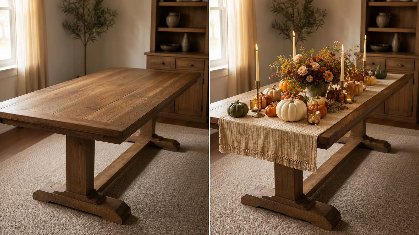 Before and after of a plain table styled into a warm Thanksgiving tablescape