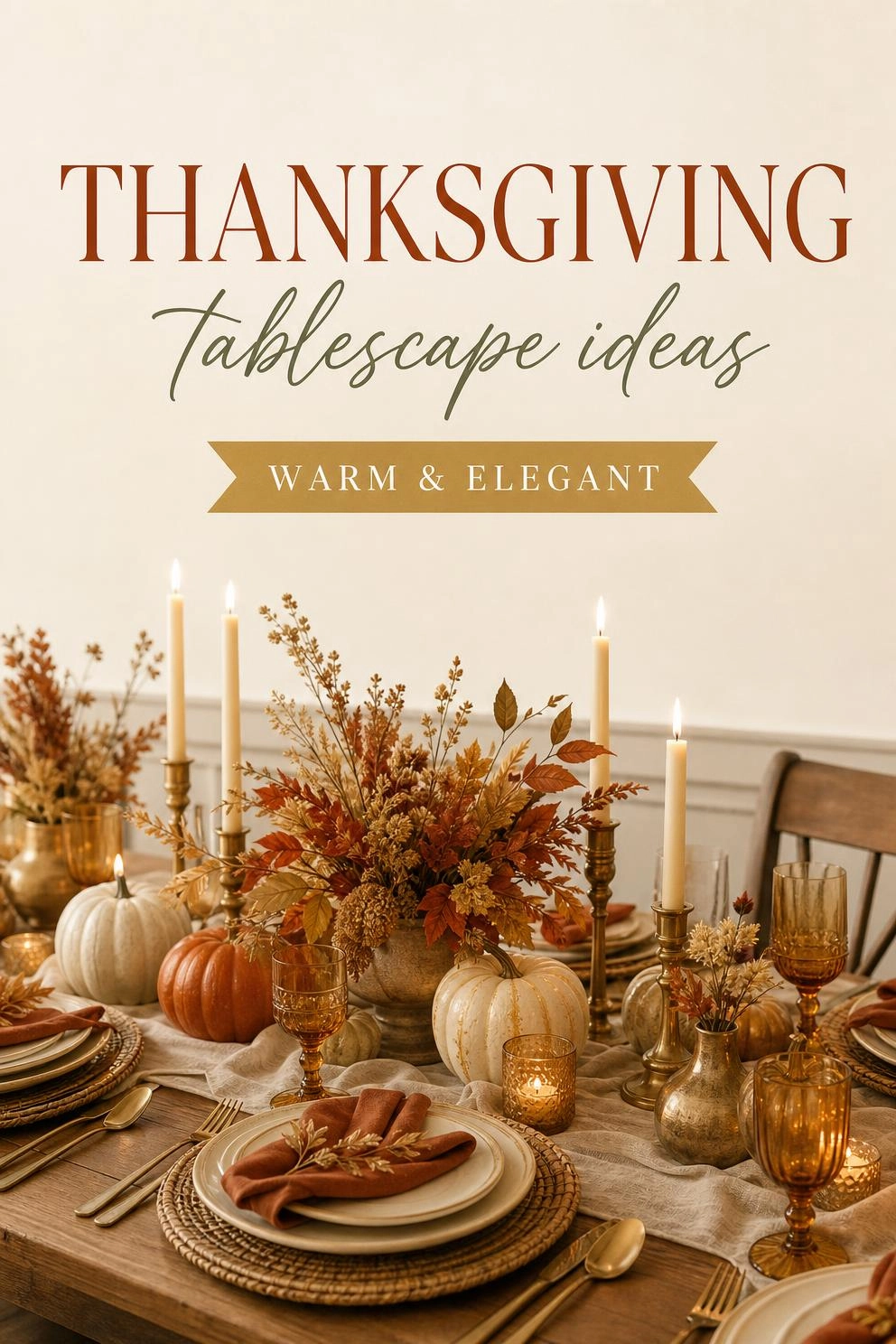 A Pinterest graphic with the text "Thanksgiving Tablescape Ideas" over a warm, elegant fall table