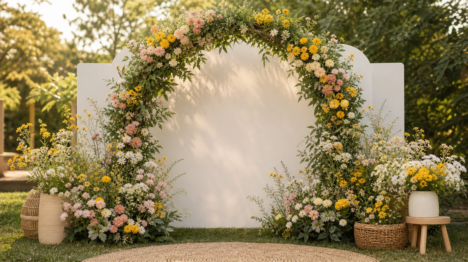 A beautiful floral backdrop for a baby shower featuring a customized Baby in Bloom sign surrounded by sage greenery and soft pink and yellow flowers.