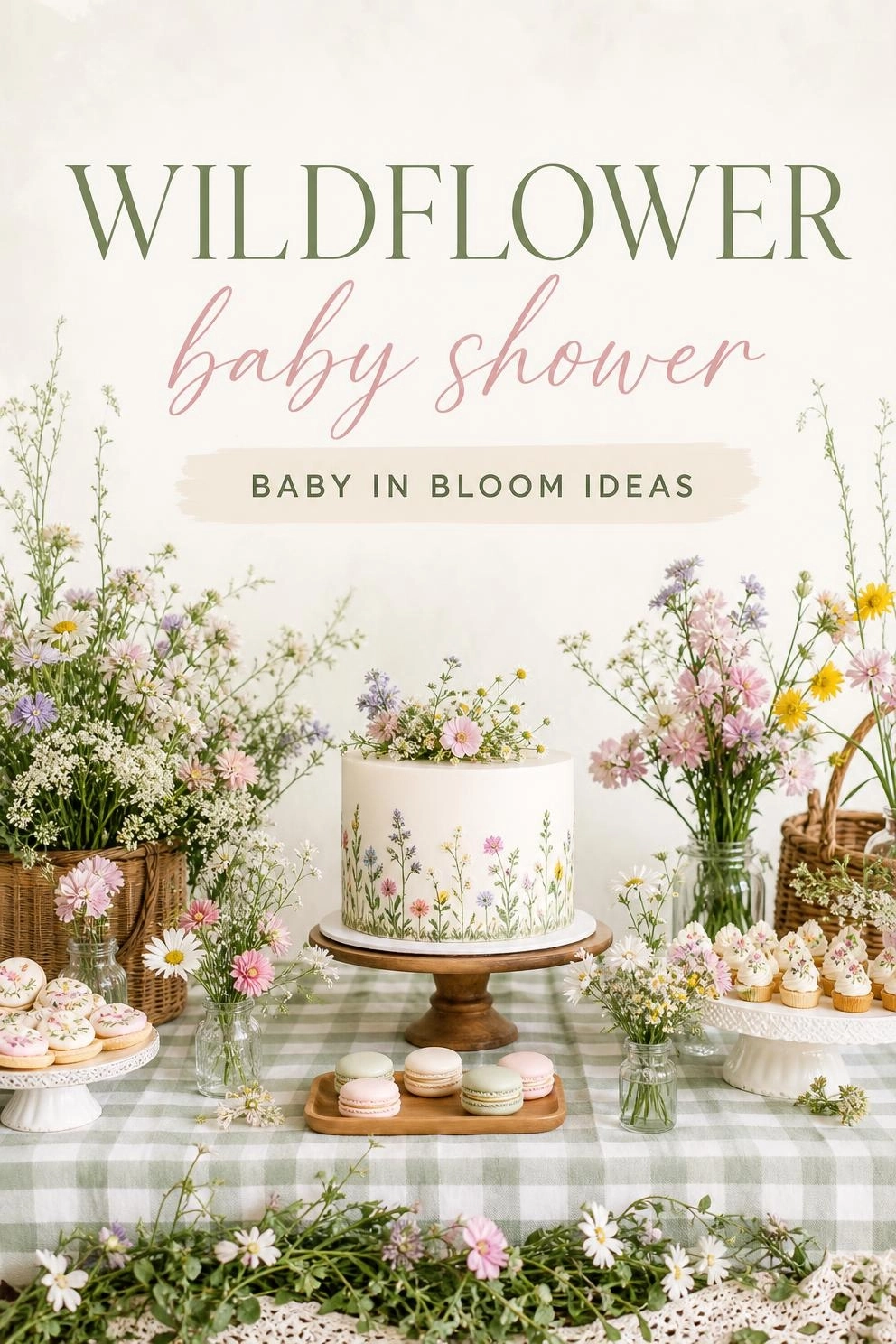 A Pinterest-ready graphic with text 'Wildflower Baby Shower Ideas' displayed over a beautiful meadow-themed party setup.